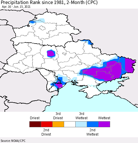 Ukraine, Moldova and Belarus Precipitation Rank since 1981, 2-Month (CPC) Thematic Map For 4/16/2021 - 6/15/2021