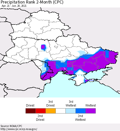 Ukraine, Moldova and Belarus Precipitation Rank 2-Month (CPC) Thematic Map For 4/21/2021 - 6/20/2021