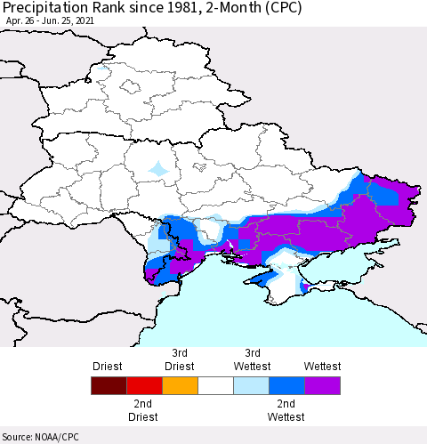 Ukraine, Moldova and Belarus Precipitation Rank since 1981, 2-Month (CPC) Thematic Map For 4/26/2021 - 6/25/2021