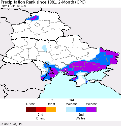 Ukraine, Moldova and Belarus Precipitation Rank since 1981, 2-Month (CPC) Thematic Map For 5/1/2021 - 6/30/2021