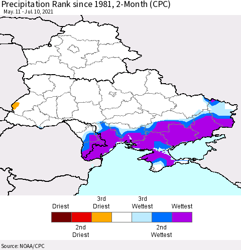 Ukraine, Moldova and Belarus Precipitation Rank since 1981, 2-Month (CPC) Thematic Map For 5/11/2021 - 7/10/2021