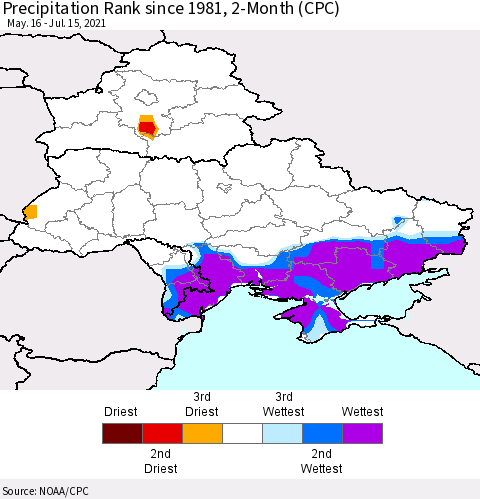 Ukraine, Moldova and Belarus Precipitation Rank since 1981, 2-Month (CPC) Thematic Map For 5/16/2021 - 7/15/2021