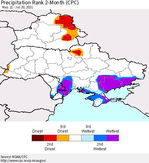 Ukraine, Moldova and Belarus Precipitation Rank 2-Month (CPC) Thematic Map For 5/21/2021 - 7/20/2021