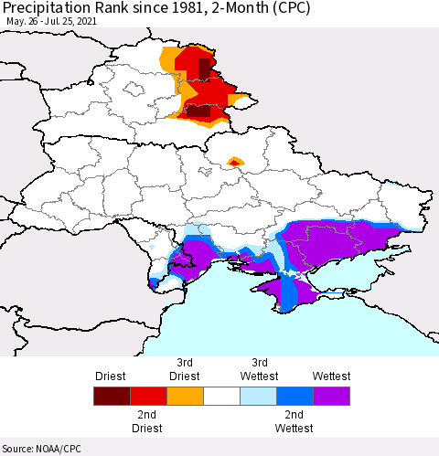 Ukraine, Moldova and Belarus Precipitation Rank 2-Month (CPC) Thematic Map For 5/26/2021 - 7/25/2021