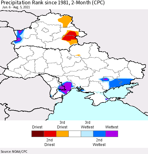 Ukraine, Moldova and Belarus Precipitation Rank since 1981, 2-Month (CPC) Thematic Map For 6/6/2021 - 8/5/2021