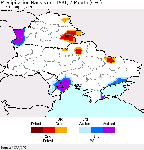 Ukraine, Moldova and Belarus Precipitation Rank since 1981, 2-Month (CPC) Thematic Map For 6/11/2021 - 8/10/2021