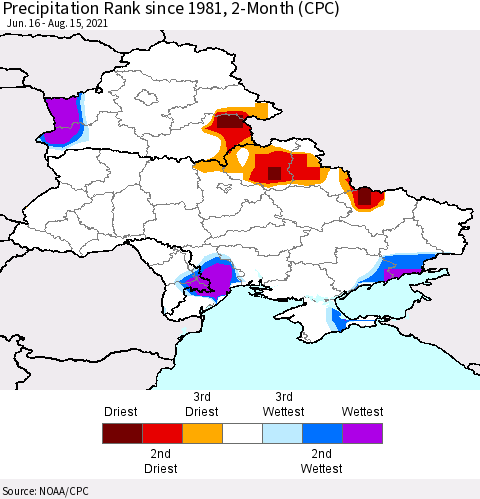Ukraine, Moldova and Belarus Precipitation Rank 2-Month (CPC) Thematic Map For 6/16/2021 - 8/15/2021