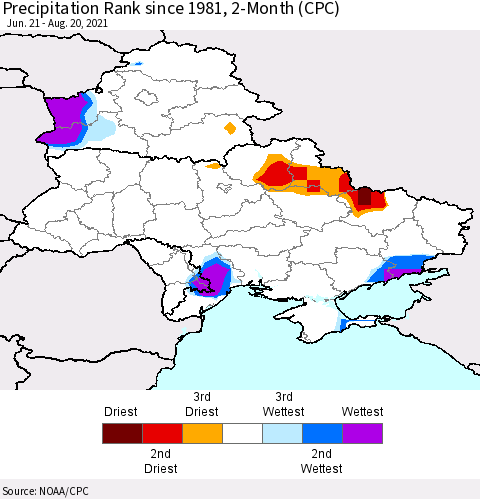 Ukraine, Moldova and Belarus Precipitation Rank since 1981, 2-Month (CPC) Thematic Map For 6/21/2021 - 8/20/2021
