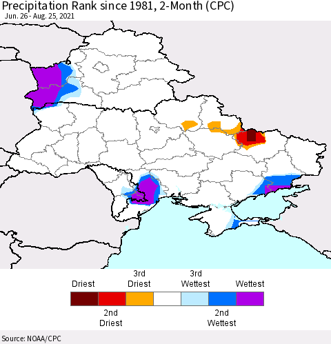 Ukraine, Moldova and Belarus Precipitation Rank since 1981, 2-Month (CPC) Thematic Map For 6/26/2021 - 8/25/2021