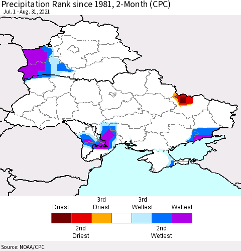 Ukraine, Moldova and Belarus Precipitation Rank since 1981, 2-Month (CPC) Thematic Map For 7/1/2021 - 8/31/2021