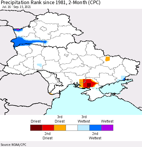 Ukraine, Moldova and Belarus Precipitation Rank 2-Month (CPC) Thematic Map For 7/16/2021 - 9/15/2021