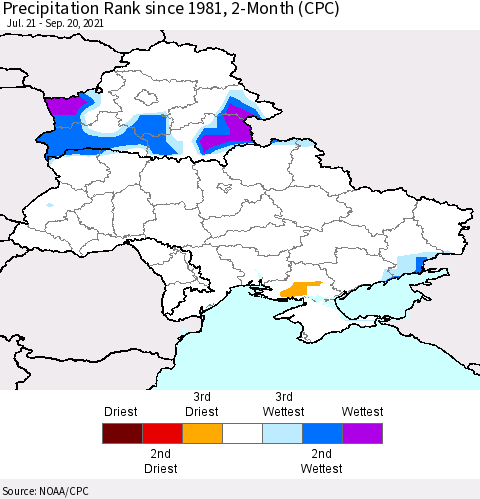 Ukraine, Moldova and Belarus Precipitation Rank since 1981, 2-Month (CPC) Thematic Map For 7/21/2021 - 9/20/2021