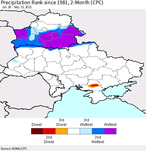 Ukraine, Moldova and Belarus Precipitation Rank since 1981, 2-Month (CPC) Thematic Map For 7/26/2021 - 9/25/2021