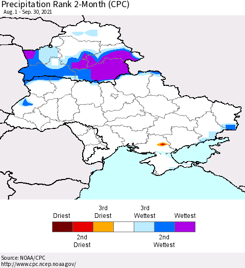 Ukraine, Moldova and Belarus Precipitation Rank 2-Month (CPC) Thematic Map For 8/1/2021 - 9/30/2021