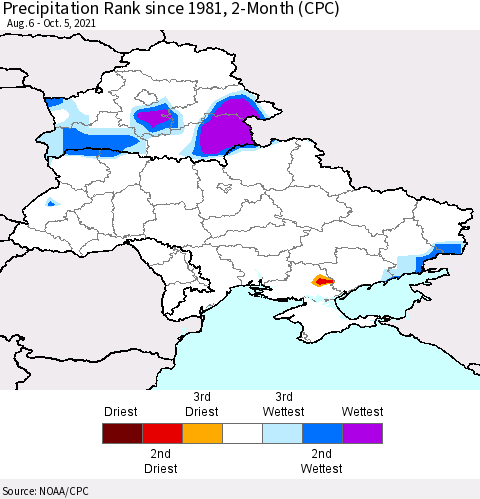 Ukraine, Moldova and Belarus Precipitation Rank since 1981, 2-Month (CPC) Thematic Map For 8/6/2021 - 10/5/2021