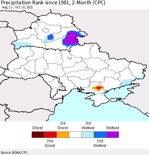 Ukraine, Moldova and Belarus Precipitation Rank since 1981, 2-Month (CPC) Thematic Map For 8/11/2021 - 10/10/2021