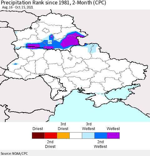 Ukraine, Moldova and Belarus Precipitation Rank since 1981, 2-Month (CPC) Thematic Map For 8/16/2021 - 10/15/2021