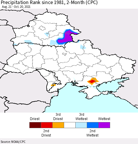 Ukraine, Moldova and Belarus Precipitation Rank since 1981, 2-Month (CPC) Thematic Map For 8/21/2021 - 10/20/2021
