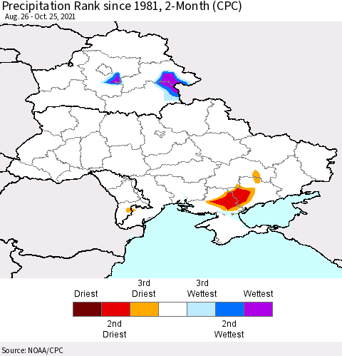 Ukraine, Moldova and Belarus Precipitation Rank 2-Month (CPC) Thematic Map For 8/26/2021 - 10/25/2021