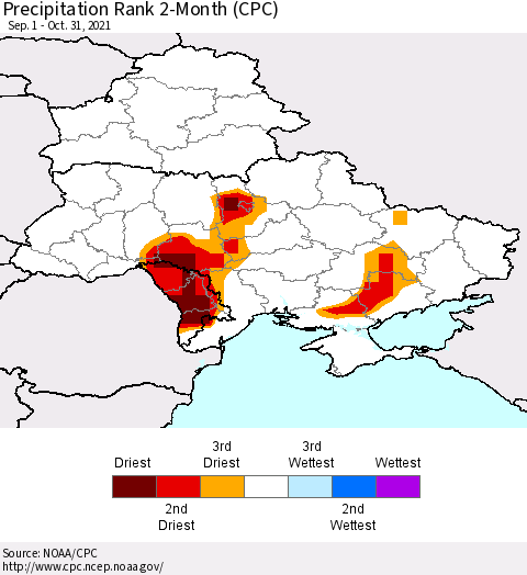Ukraine, Moldova and Belarus Precipitation Rank since 1981, 2-Month (CPC) Thematic Map For 9/1/2021 - 10/31/2021