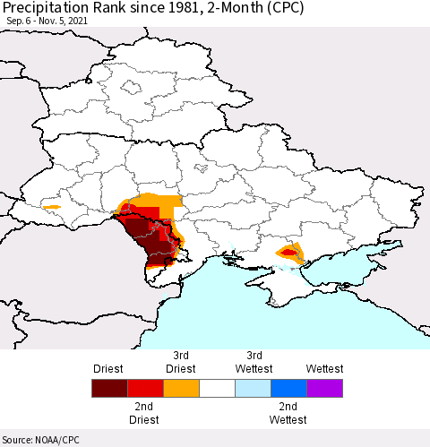Ukraine, Moldova and Belarus Precipitation Rank since 1981, 2-Month (CPC) Thematic Map For 9/6/2021 - 11/5/2021