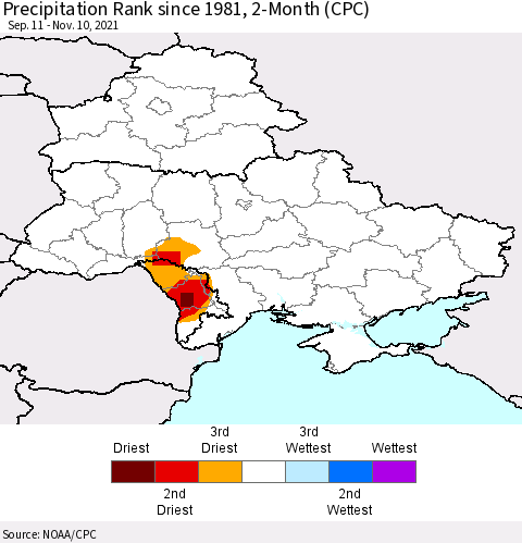 Ukraine, Moldova and Belarus Precipitation Rank 2-Month (CPC) Thematic Map For 9/11/2021 - 11/10/2021