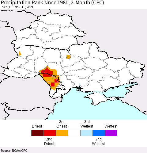 Ukraine, Moldova and Belarus Precipitation Rank since 1981, 2-Month (CPC) Thematic Map For 9/16/2021 - 11/15/2021