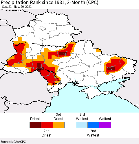 Ukraine, Moldova and Belarus Precipitation Rank since 1981, 2-Month (CPC) Thematic Map For 9/21/2021 - 11/20/2021