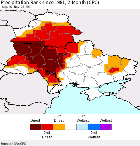 Ukraine, Moldova and Belarus Precipitation Rank since 1981, 2-Month (CPC) Thematic Map For 9/26/2021 - 11/25/2021