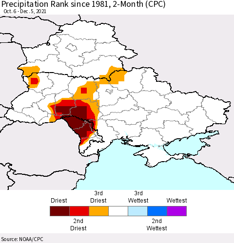 Ukraine, Moldova and Belarus Precipitation Rank 2-Month (CPC) Thematic Map For 10/6/2021 - 12/5/2021