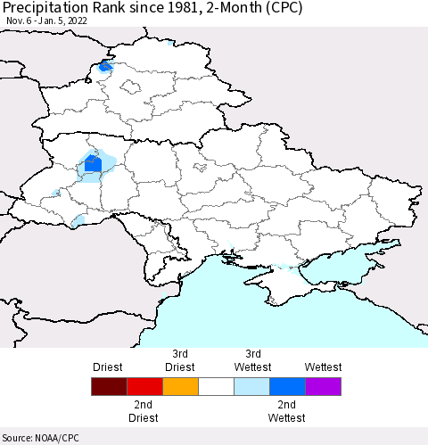 Ukraine, Moldova and Belarus Precipitation Rank since 1981, 2-Month (CPC) Thematic Map For 11/6/2021 - 1/5/2022