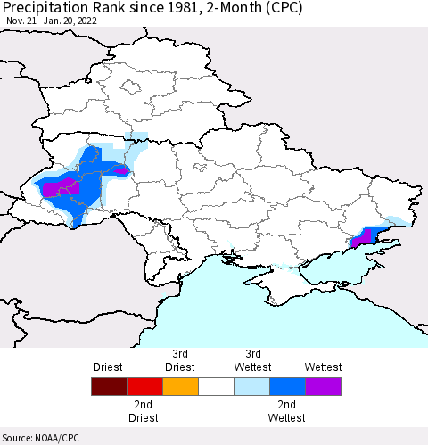 Ukraine, Moldova and Belarus Precipitation Rank since 1981, 2-Month (CPC) Thematic Map For 11/21/2021 - 1/20/2022