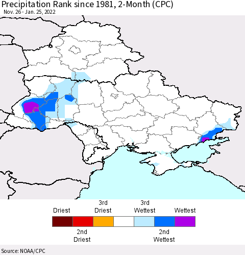 Ukraine, Moldova and Belarus Precipitation Rank since 1981, 2-Month (CPC) Thematic Map For 11/26/2021 - 1/25/2022