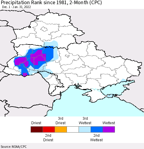 Ukraine, Moldova and Belarus Precipitation Rank 2-Month (CPC) Thematic Map For 12/1/2021 - 1/31/2022