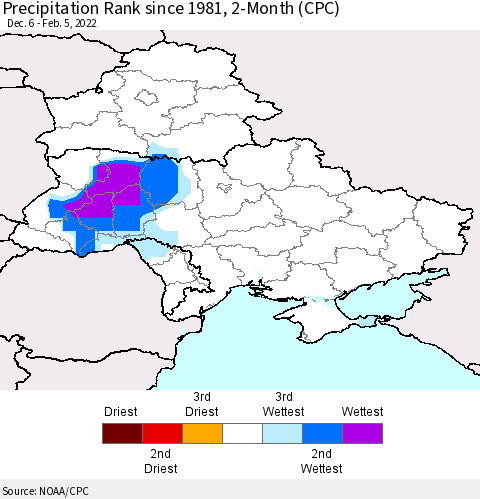 Ukraine, Moldova and Belarus Precipitation Rank since 1981, 2-Month (CPC) Thematic Map For 12/6/2021 - 2/5/2022