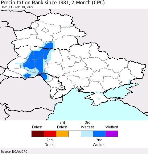 Ukraine, Moldova and Belarus Precipitation Rank 2-Month (CPC) Thematic Map For 12/11/2021 - 2/10/2022