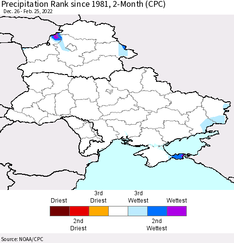 Ukraine, Moldova and Belarus Precipitation Rank since 1981, 2-Month (CPC) Thematic Map For 12/26/2021 - 2/25/2022
