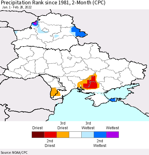 Ukraine, Moldova and Belarus Precipitation Rank since 1981, 2-Month (CPC) Thematic Map For 1/1/2022 - 2/28/2022