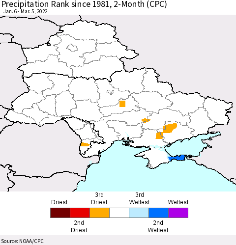 Ukraine, Moldova and Belarus Precipitation Rank since 1981, 2-Month (CPC) Thematic Map For 1/6/2022 - 3/5/2022