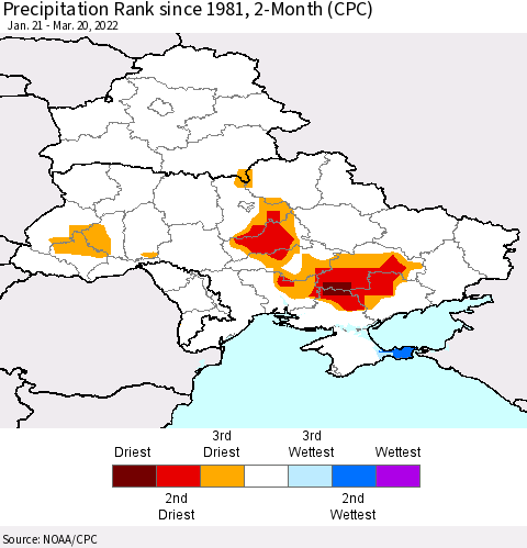Ukraine, Moldova and Belarus Precipitation Rank 2-Month (CPC) Thematic Map For 1/21/2022 - 3/20/2022