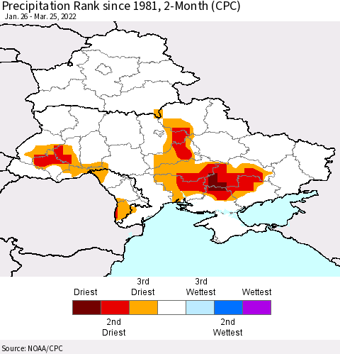 Ukraine, Moldova and Belarus Precipitation Rank since 1981, 2-Month (CPC) Thematic Map For 1/26/2022 - 3/25/2022