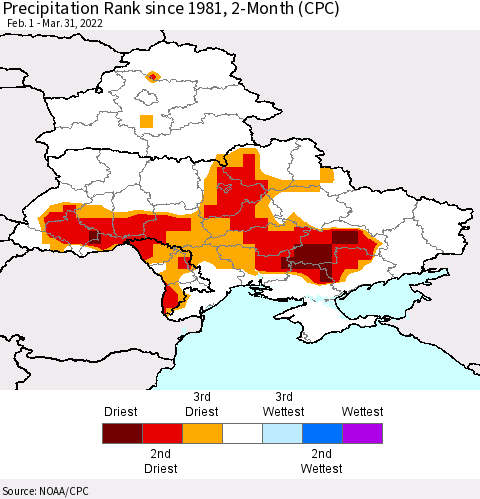 Ukraine, Moldova and Belarus Precipitation Rank 2-Month (CPC) Thematic Map For 2/1/2022 - 3/31/2022