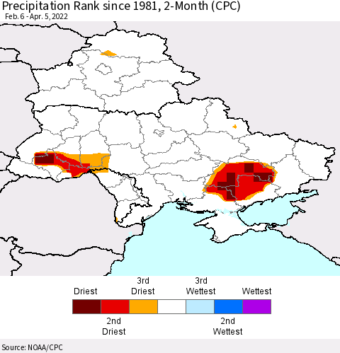 Ukraine, Moldova and Belarus Precipitation Rank since 1981, 2-Month (CPC) Thematic Map For 2/6/2022 - 4/5/2022