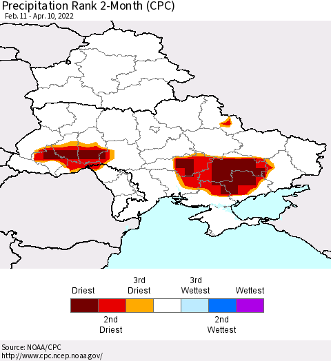 Ukraine, Moldova and Belarus Precipitation Rank 2-Month (CPC) Thematic Map For 2/11/2022 - 4/10/2022