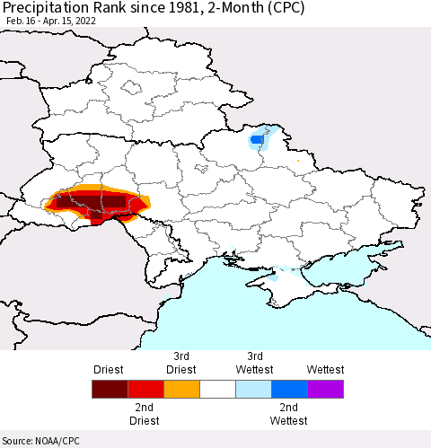 Ukraine, Moldova and Belarus Precipitation Rank since 1981, 2-Month (CPC) Thematic Map For 2/16/2022 - 4/15/2022