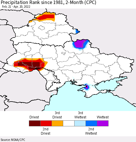 Ukraine, Moldova and Belarus Precipitation Rank since 1981, 2-Month (CPC) Thematic Map For 2/21/2022 - 4/20/2022