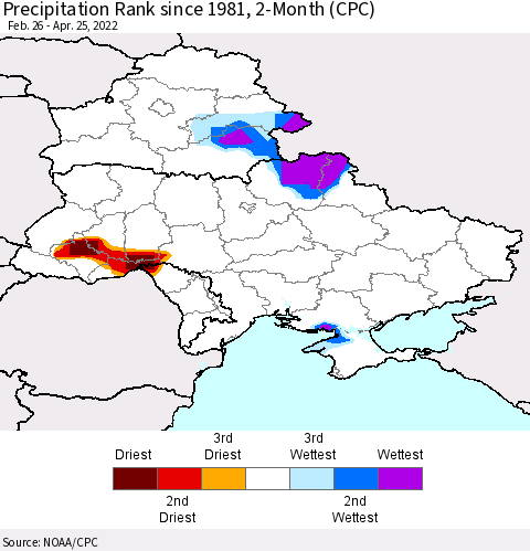 Ukraine, Moldova and Belarus Precipitation Rank since 1981, 2-Month (CPC) Thematic Map For 2/26/2022 - 4/25/2022