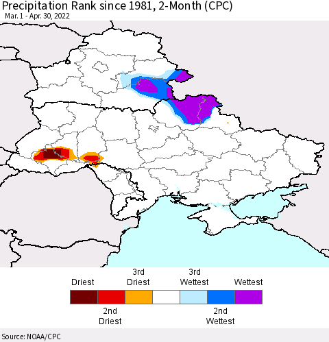 Ukraine, Moldova and Belarus Precipitation Rank since 1981, 2-Month (CPC) Thematic Map For 3/1/2022 - 4/30/2022