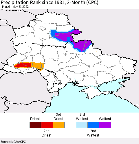Ukraine, Moldova and Belarus Precipitation Rank since 1981, 2-Month (CPC) Thematic Map For 3/6/2022 - 5/5/2022
