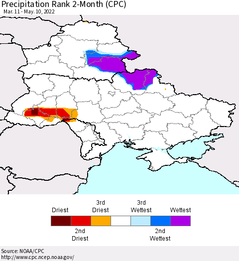 Ukraine, Moldova and Belarus Precipitation Rank 2-Month (CPC) Thematic Map For 3/11/2022 - 5/10/2022
